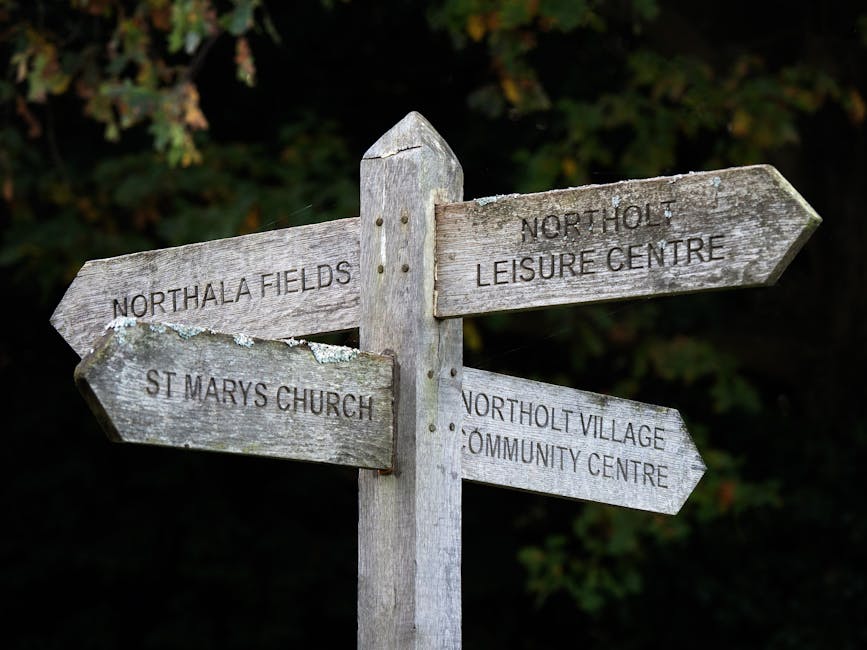 This image shows a weathered wooden signpost with four directional arrows, each pointing to different local destinations including Northala Fields, Northolt Leisure Centre, St Marys Church, and Northo