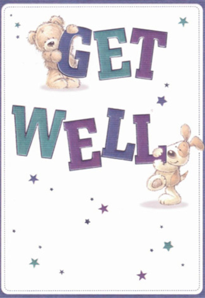 Evoking gentle reassurance, this charming get well card brings together a lovable bear and a floppy-eared puppy, who seem to send forth waves of encouragement with their every action. Surrounding them, whimsical stars dance against an airy white background, reminiscent of starlit evenings above Northolt's peaceful gardens. The bold, rounded typography in rich indigos and aquas anchors the playful scene with joyful strength, while the illustrated textures-a bear's furry softness, a dog's velvety ear-invite thoughts of a comforting hug. It's the kind of card one might pair with a hand-chosen bouquet from a local florist, each element working together to brighten the day of someone close by. The mood is as uplifting and sincere as a thoughtful delivery to a friend's home along Church Road or the Grand Union Canal-a perfect gesture to nurture healing and cheer.