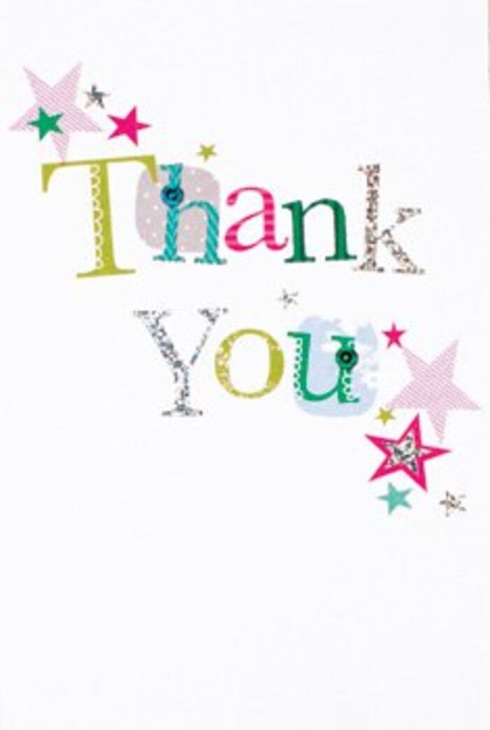 There's an understated exuberance in the lettering on this thank you card-each character carrying a mood of its own. Some whirl with playful curves and spots, while others lie elegant and almost musical, touched with sparkling stripes of silver and vibrant bursts of pink or turquoise. Clusters of colourful stars settle nearby, lending a sprinkle of celebratory magic evocative of Northolt's spirited community events. The composition is open and inviting, with the stellar elements animating the pristine white backdrop as if setting the stage for heartfelt thanks. In its careful balance of modern style and universal warmth, the card feels equally suited for an elegant thank you after a formal event at Northolt Village or a spontaneous gesture to mark everyday kindness. The tactile impression is palpable-a high-quality card that, much like a hand-picked bouquet, invites a moment of pause and genuine appreciation. Delivered alongside flowers from a local Northolt florist, it leaves an impression as lasting as fresh petals and friendly smiles among neighbours.