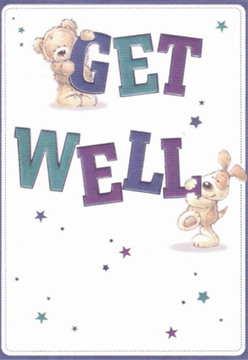 A scene of genuine warmth and cheerful optimism unfolds in this get well card, featuring two endearing companions-a cuddly teddy bear and a lively puppy-working together to deliver a heartfelt wish. The fluffy bear perches atop the large, welcoming letters spelling 'GET,' while the gentle puppy nestles against the bold 'WELL' below, their round, expressive faces brimming with affection. Deep shades of purple and teal animate the text, standing out confidently against the crisp, clean background, much like the vibrant floral displays in Northolt's community shops. Sprinkled stars in playful hues of blue and purple echo the magic found on a clear Northolt evening, lending a sense of possibility to the scene. The overall composition, so thoughtfully crafted, calls to mind the same attention Florist Northolt gives to each bouquet for local delivery-every detail placed for comfort, brightness, and hope.